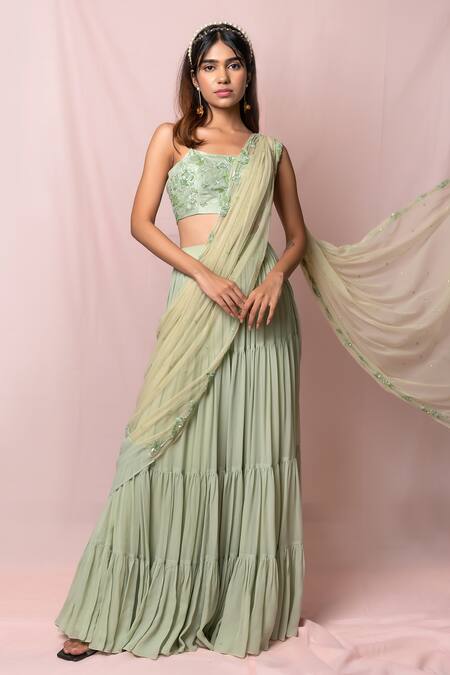 Pinup By Astha_Green Silk, Tulle, Georgette Floral, Sequin Layered Lehenga Saree With Blouse_Online_at_Aza_Fashions