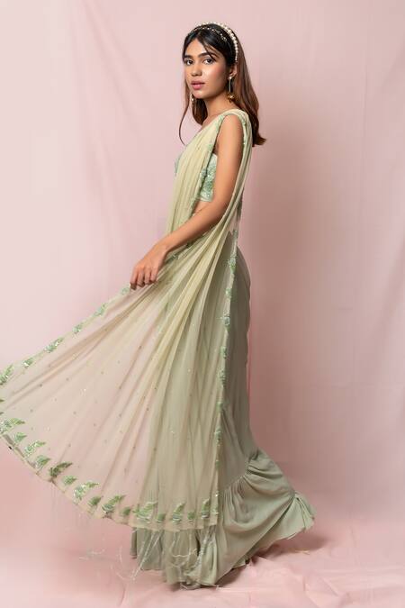 Buy_Pinup By Astha_Green Silk, Tulle, Georgette Floral, Sequin Layered Lehenga Saree With Blouse_Online_at_Aza_Fashions