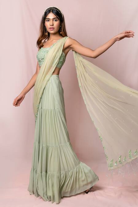 Shop_Pinup By Astha_Green Silk, Tulle, Georgette Floral, Sequin Layered Lehenga Saree With Blouse_Online_at_Aza_Fashions