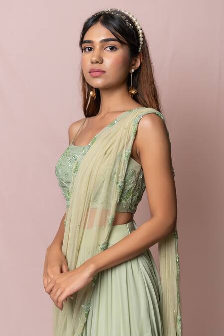 Pinup By Astha_Green Silk, Tulle, Georgette Floral, Sequin Layered Lehenga Saree With Blouse_at_Aza_Fashions
