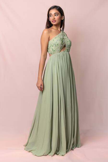 Pinup By Astha_Green Tulle, Georgette Floral Asymmetric One Shoulder Pleated Gown _Online_at_Aza_Fashions