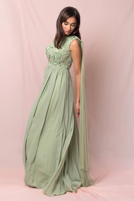 Buy_Pinup By Astha_Green Tulle, Georgette Floral Asymmetric One Shoulder Pleated Gown _Online_at_Aza_Fashions