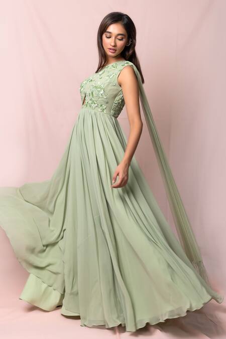 Shop_Pinup By Astha_Green Tulle, Georgette Floral Asymmetric One Shoulder Pleated Gown _Online_at_Aza_Fashions