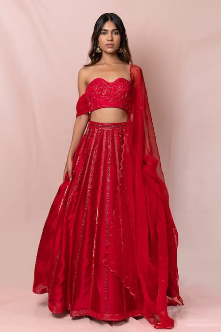 Pinup By Astha Red Satin Organza Embroidery Floral Sweetheart Neck Lehenga Set 