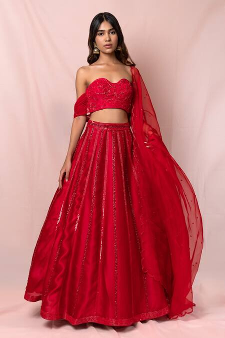 Pinup By Astha_Red Silk, , Satin Floral, Sequin Embroidered Lehenga Set_Online_at_Aza_Fashions