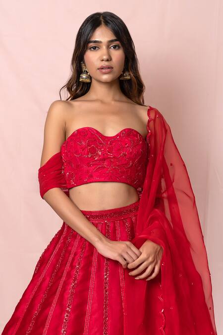 Buy_Pinup By Astha_Red Silk, , Satin Floral, Sequin Embroidered Lehenga Set_Online_at_Aza_Fashions