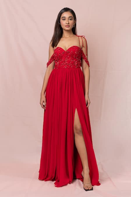 Pinup By Astha Off Shoulder Pleated Gown 