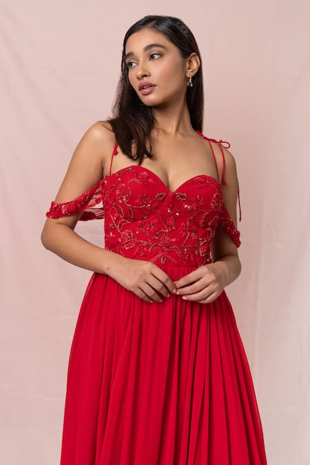 Shop_Pinup By Astha_Red Tulle, Georgette Floral, Sequin Sweetheart Neck Off Shoulder Pleated Gown _Online_at_Aza_Fashions