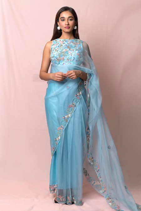 Woven Organza Saree in Light Blue : SYLA667