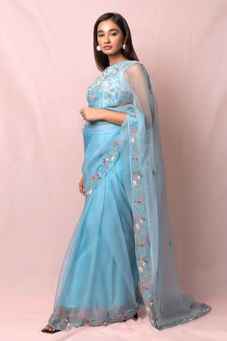 Pinup By Astha_Blue Silk, Organza Cutdana, Floral Round Saree With Blouse _Online_at_Aza_Fashions