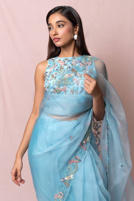Buy_Pinup By Astha_Blue Silk, Organza Cutdana, Floral Round Saree With Blouse _Online_at_Aza_Fashions