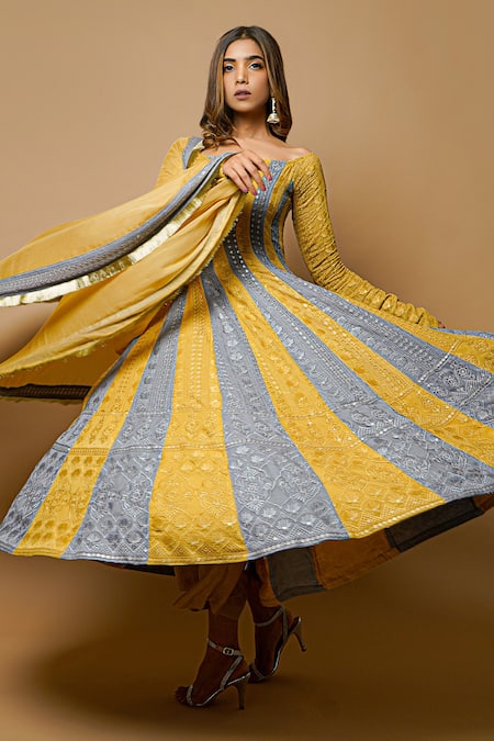 Shop Ahi Clothing Yellow Kurta- Chikankari Georgette Palazzo- Cotton Silk And Anarkali Set Online at Aza Fashions Shop_Ahi Clothing_Yellow Kurta- Chikankari Georgette Palazzo- Cotton Silk And Anarkali Set _Online_at_Aza_Fashions