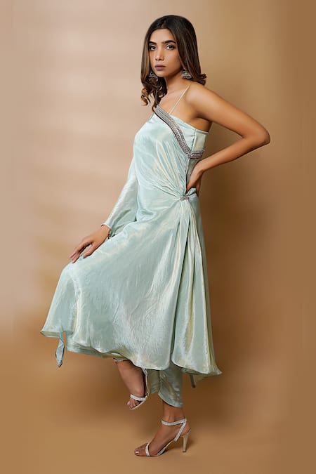 Buy_Ahi Clothing_Blue Tissue Silk Lining- Heavy Shantoon Thread, Moti, Kimono And Palazzo Set_Online_at_Aza_Fashions