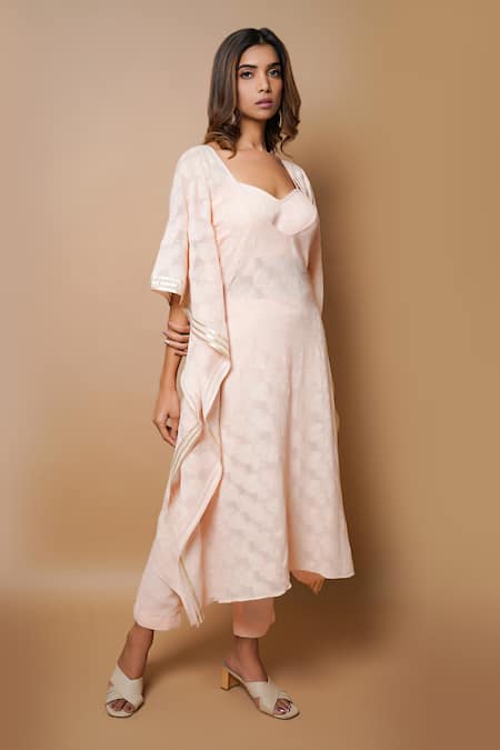 Ahi Clothing_Peach Kaftan- Chikankari Georgette And Pant & Bustier- Viscose Style Tunic & Set _Online_at_Aza_Fashions