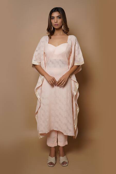 Buy_Ahi Clothing_Peach Kaftan- Chikankari Georgette And Pant & Bustier- Viscose Style Tunic & Set _Online_at_Aza_Fashions
