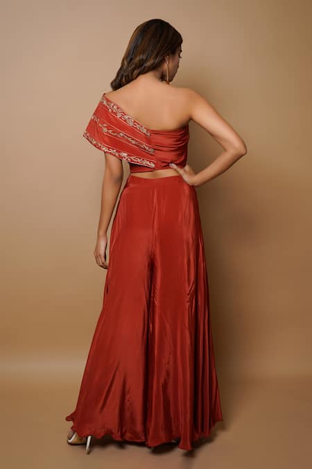 Shop_Ahi Clothing_Orange Crepe Lining- Heavy Shantoon Cutdana, Sequin, Bustier And Palazzo Set _at_Aza_Fashions