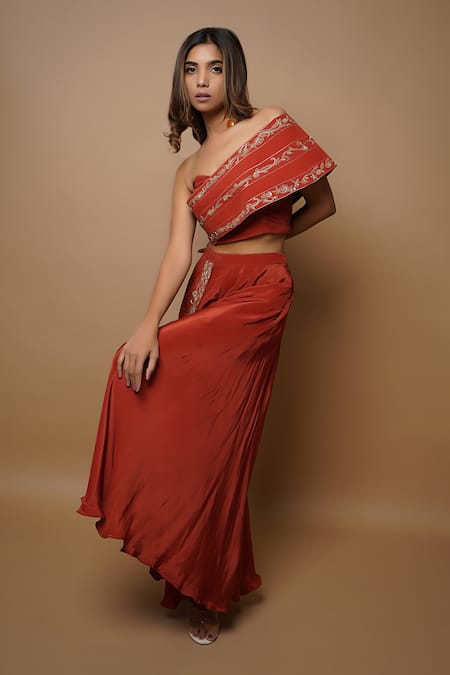 Ahi Clothing_Orange Crepe Lining- Heavy Shantoon Cutdana, Sequin, Bustier And Palazzo Set _Online_at_Aza_Fashions