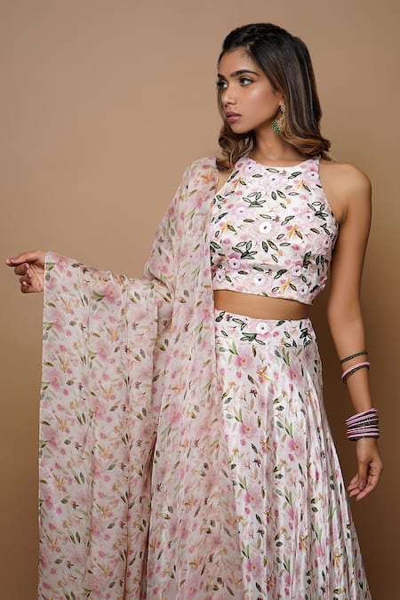 Shop_AHI Clothing_Off White Crepe Lining- Heavy Shantoon Print And Embroidery Floral Lehenga Set _Online_at_Aza_Fashions