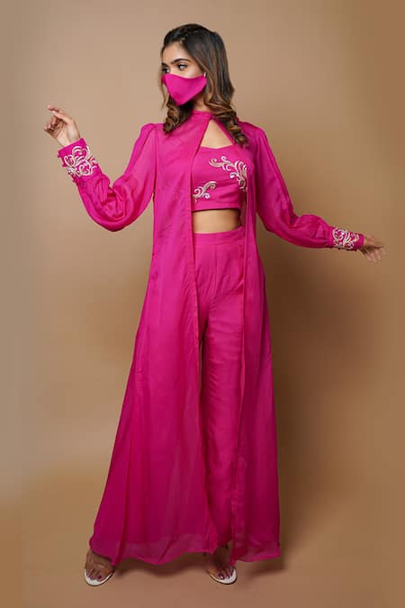 Ahi Clothing_Pink Viscose Organza Lining- Heavy Shantoon Open Front Cape And Palazzo Set _Online_at_Aza_Fashions