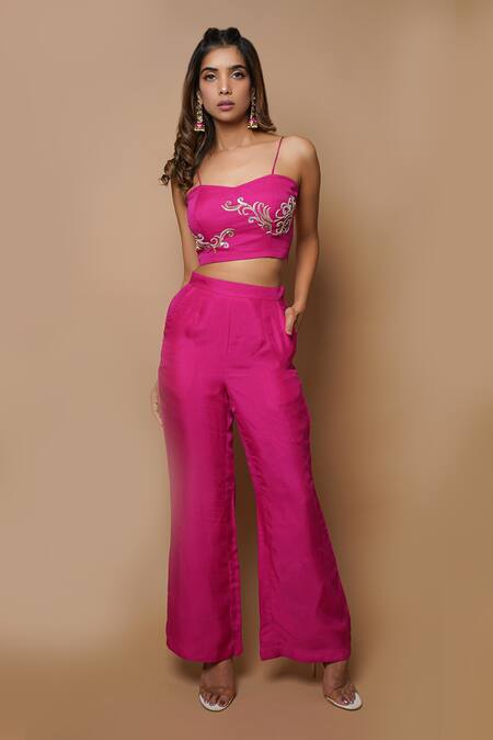 Buy_Ahi Clothing_Pink Viscose Organza Lining- Heavy Shantoon Open Front Cape And Palazzo Set _Online_at_Aza_Fashions