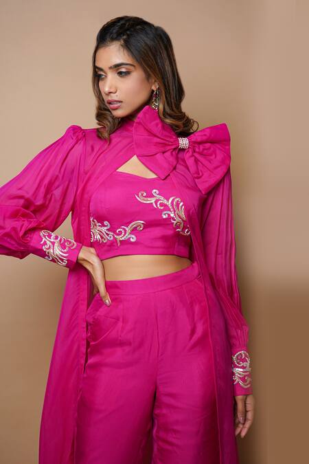 Shop_Ahi Clothing_Pink Viscose Organza Lining- Heavy Shantoon Open Front Cape And Palazzo Set _Online_at_Aza_Fashions
