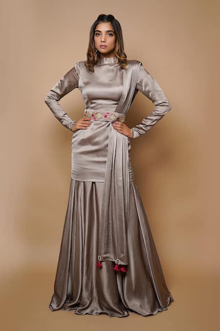 Ahi Clothing Grey Silk Lining- Heavy Shantoon Embroidery Zardozi High Kurta Lehenga Set 