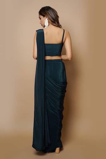 Shop Ahi Clothing Blue Crepe Lining- Heavy Shantoon Cutdana, Pre-draped Saree With Bustier at Aza Fashions Shop_Ahi Clothing_Blue Crepe Lining- Heavy Shantoon Cutdana, Pre-draped Saree With Bustier _at_Aza_Fashions