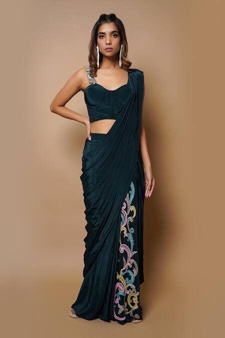 Ahi Clothing Blue Crepe Lining- Heavy Shantoon Cutdana, Pre-draped Saree With Bustier Online at Aza Fashions Ahi Clothing_Blue Crepe Lining- Heavy Shantoon Cutdana, Pre-draped Saree With Bustier _Online_at_Aza_Fashions