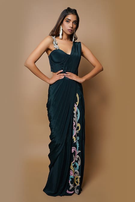 Buy Ahi Clothing Blue Crepe Lining- Heavy Shantoon Cutdana, Pre-draped Saree With Bustier Online at Aza Fashions Buy_Ahi Clothing_Blue Crepe Lining- Heavy Shantoon Cutdana, Pre-draped Saree With Bustier _Online_at_Aza_Fashions