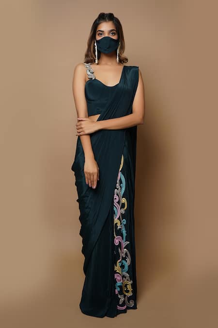 Shop Ahi Clothing Blue Crepe Lining- Heavy Shantoon Cutdana, Pre-draped Saree With Bustier Online at Aza Fashions Shop_Ahi Clothing_Blue Crepe Lining- Heavy Shantoon Cutdana, Pre-draped Saree With Bustier _Online_at_Aza_Fashions