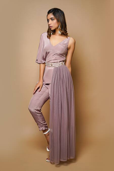Buy_Ahi Clothing_Pink Crepe Lining- Heavy Shantoon Sequin, Moti, Zari And Draped Top & Pant Set_Online_at_Aza_Fashions