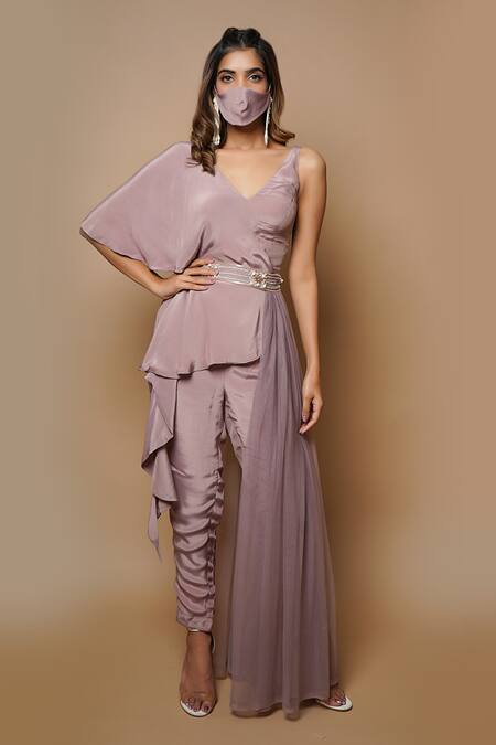 Shop_Ahi Clothing_Pink Crepe Lining- Heavy Shantoon Sequin, Moti, Zari And Draped Top & Pant Set_Online_at_Aza_Fashions