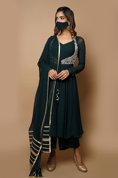 Shop_Ahi Clothing_Green Georgette Lining- Heavy Shantoon Embroidered Jacket And Anarkali Set_Online_at_Aza_Fashions
