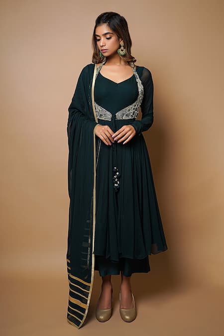 Ahi Clothing_Green Georgette Lining- Heavy Shantoon Embroidered Jacket And Anarkali Set_Online_at_Aza_Fashions