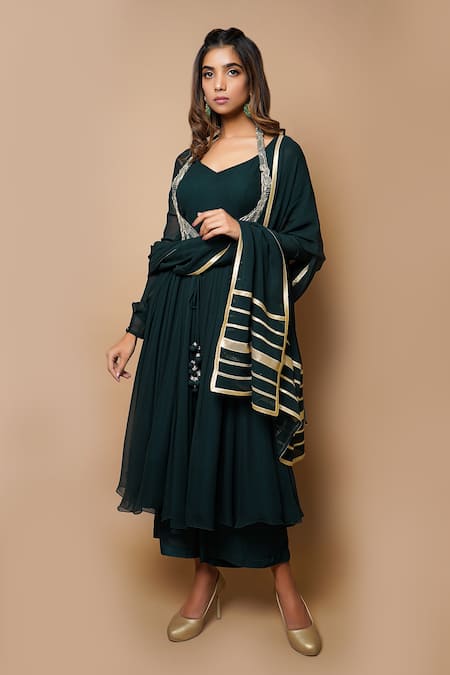 Buy_Ahi Clothing_Green Georgette Lining- Heavy Shantoon Embroidered Jacket And Anarkali Set_Online_at_Aza_Fashions
