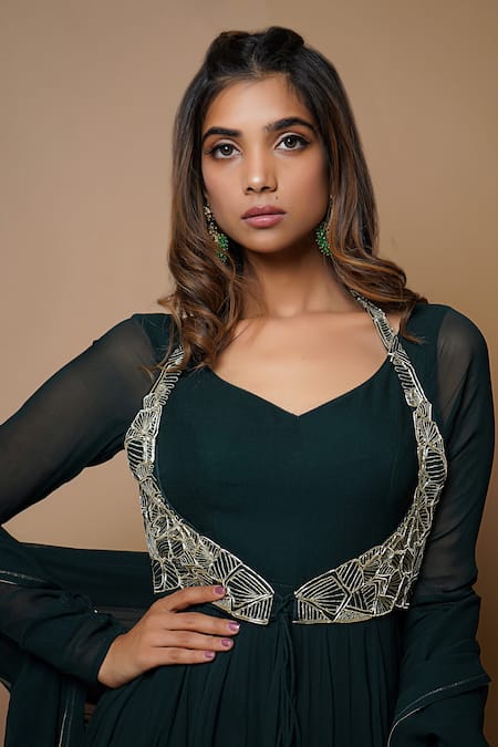 Ahi Clothing_Green Georgette Lining- Heavy Shantoon Embroidered Jacket And Anarkali Set_at_Aza_Fashions