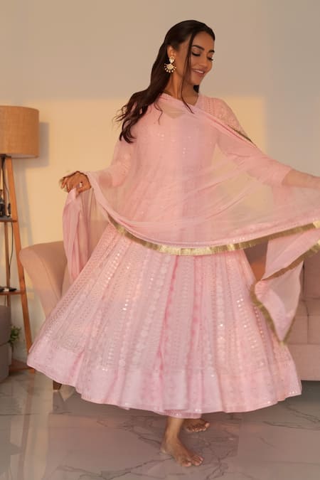 Shop_Ahi Clothing_Pink Chikankari Lining- Heavy Shantoon Thread And Sequin V Anarkali Palazzo Set _at_Aza_Fashions