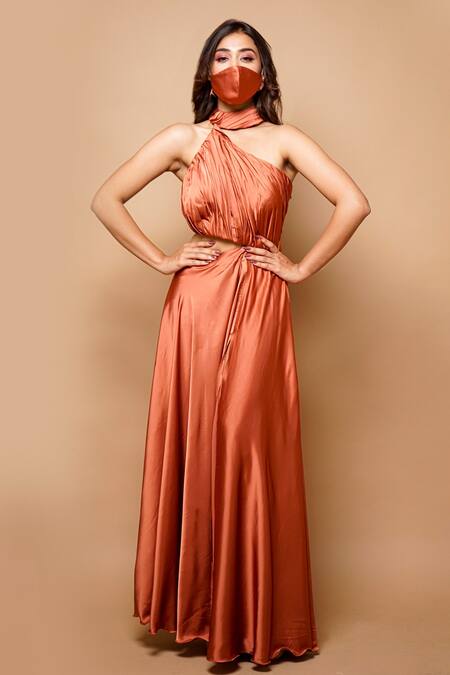 Shop_Ahi Clothing_Brown Satin Maxi Dress_Online_at_Aza_Fashions