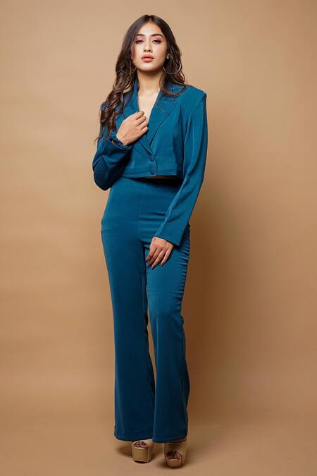 Buy_Ahi Clothing_Blue Cotton Plain Notched Lapel Collar Cropped Blazer And Palazzo Set_Online_at_Aza_Fashions
