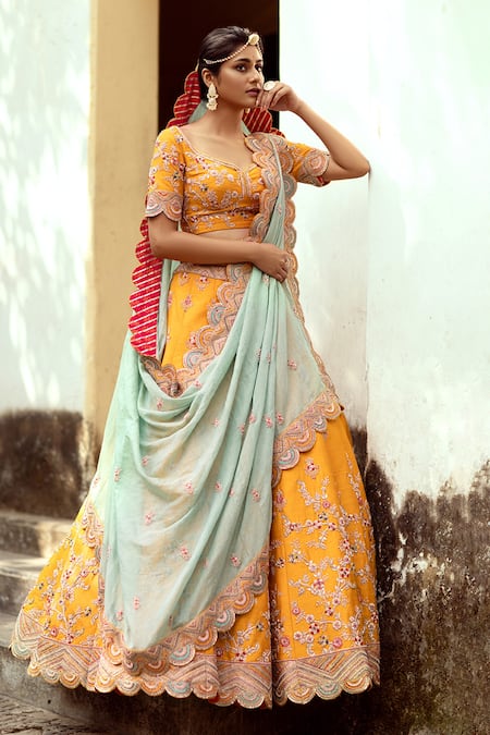 Buy Bollywood Blue and Yellow Heavy Banarasi Jacquard Lehenga Choli and  Embroidery Sequence Work and With Soft Net Dupatta for Women Online in  India - Etsy