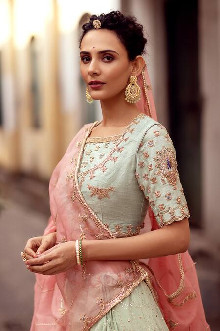 Pallavi Poddar_Green Blouse Raw Silk, Dupatta Organza, Lehenga Pot Embroidered Bridal Set _Online_at_Aza_Fashions