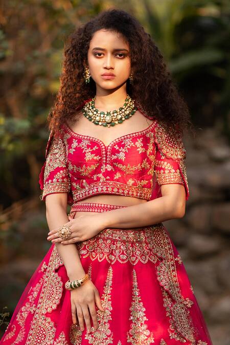 Pallavi Poddar_Pink Raw Silk And Net Resham & Zardozi Vrinda Embroidered Bridal Lehenga Set _Online_at_Aza_Fashions