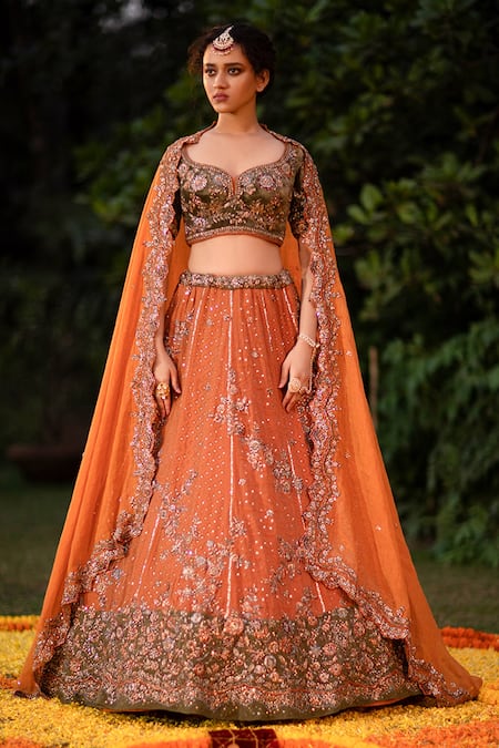 ORANGE SOFT NET EMBROIDERED PARTY-WEAR STYLISH LEHENGA WITH CONTRAST BLOUSE  @Indian Couture
