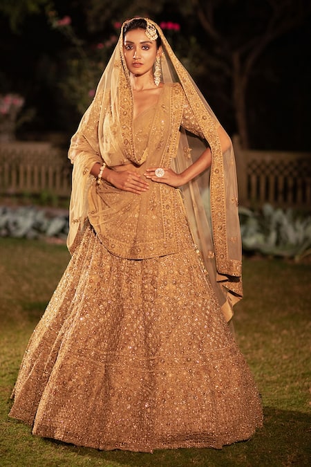 Buy Gold Organza Embroidered Floral Scoop Neck Bridal Lehenga Set For Women  by Aneesh Agarwaal Online at Aza Fashions.