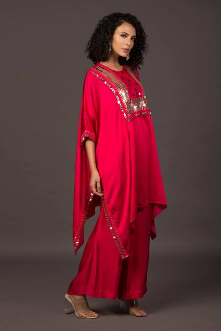 Prahnaaya_Pink Satin Sequin And Thread Round Kaftan Kurta & Palazzo Set_Online_at_Aza_Fashions