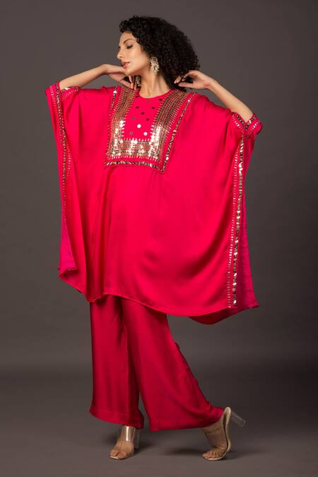 Buy_Prahnaaya_Pink Satin Sequin And Thread Round Kaftan Kurta & Palazzo Set_Online_at_Aza_Fashions
