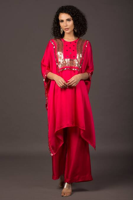 Shop_Prahnaaya_Pink Satin Sequin And Thread Round Kaftan Kurta & Palazzo Set_Online_at_Aza_Fashions