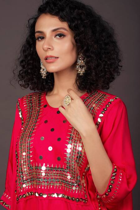 Prahnaaya_Pink Satin Sequin And Thread Round Kaftan Kurta & Palazzo Set_at_Aza_Fashions