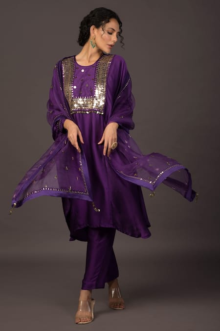 PRAHNAAYA Purple Satin And Silk Organza Embroidery Sequin & Thread Round Kurta Pant Set