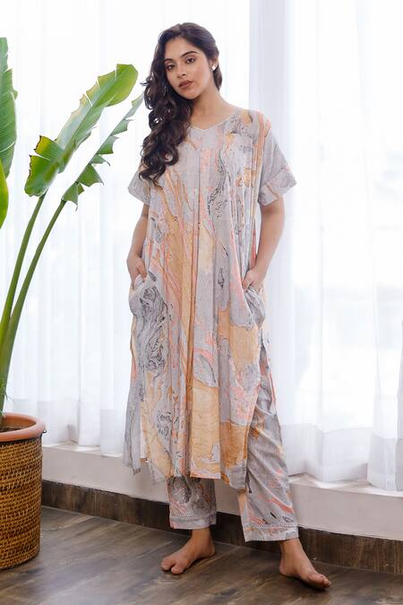 Buy_Pheeta_Grey Cotton Marble Print V Neck Tunic And Pant Set_Online_at_Aza_Fashions